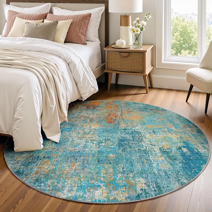 RELEANY Washable Area Rugs 4ft Non-Slip Modern Abstract Soft for Living Room Entryway Bedroom Kitchen, Print Pattern, Teal Blue Green Orange Rust Red Coloreful