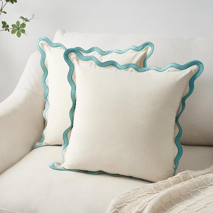 MONDAY MOOSE Decorative Throw Pillow Covers Cushion Cases, Set of 2 Soft Velvet Scalloped Wavy Edge Designs, Mix and Match for Home Decor, Pillow Inserts Not Included (20x20 inch, White/Light Blue)