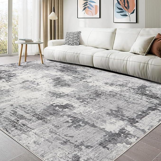 Abstract 8x10 Area Rug: Machine Washable Non Slip Ultra Thin Low-Pile Carpet, Soft Stain Resistant for Living Dining Room Bedroom, Kid Pet Friendly, Robot Vacuum Compatible - Grey