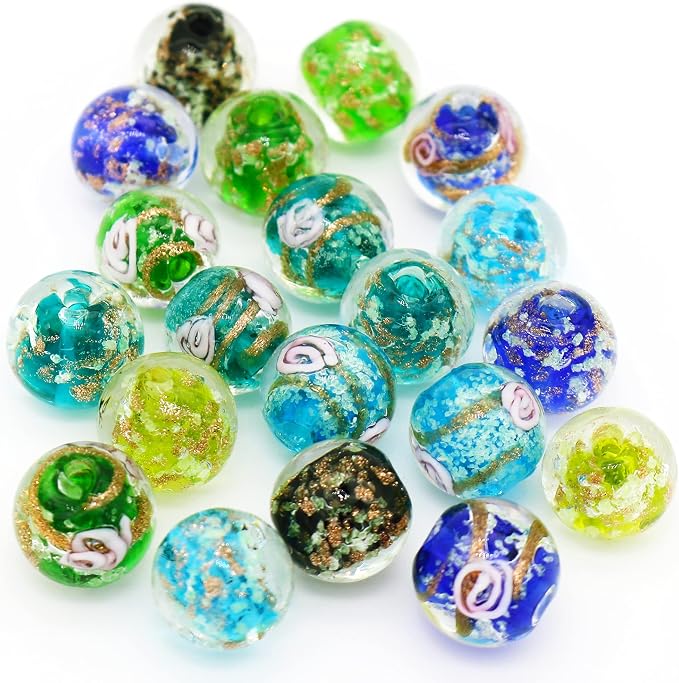 Artsy Crafts 60 Pcs Assorted Glow in The Dark Firefly Beads 12mm European Lampwork Luminous Glass Beads for Jewelry Making Charm Bracelet Necklace Earrings Crafts (Blue Series 60pcs)