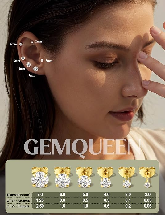 GEMQUEEN 6 Pairs 2-7mm Moissanite Earrings Studs 14K Gold Plated Stainless Steel Flat Back Earring for Women Men - Hypoallergenic Cartilage Helix Piercing Jewelry Brilliant Round Cut D Color VVS1 5.97CT