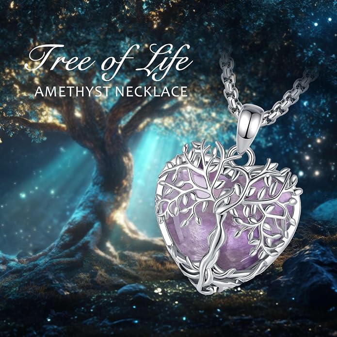 Vito Tree of Life Necklace for Women Men, Silver Plated Copper Teardrop Moonstone/Obsidian/Turquoise/Amethyst/Malachite Crystal Tree Necklace Protection Energy Amulet Jewelry Gift for Mom Wife, 20+2"