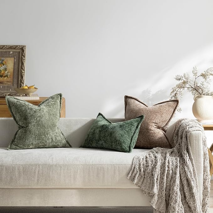 DEZENE Pack of 2 Khaki Decorative Throw Pillow Covers 16x16 Cozy Soft Chenille Accent Vintage Square Couch Pillow Covers for Home Decor Bed Sofa Living Room