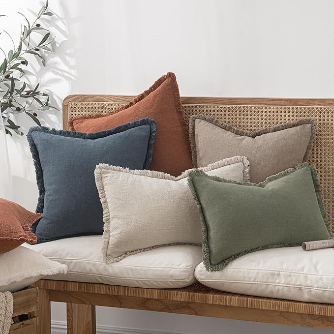 MIULEE Decorative Throw Pillow Covers Neutral Linen Fringe Throw Pillows Euro Shams Set of 2 Dune Boho Farmhouse Cushion Covers for Couch Sofa Bed Living Room Fall Home Decor 22x22 Inch