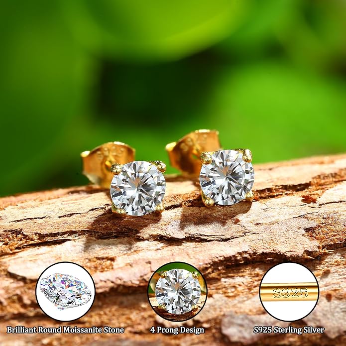 Moissanite Stud Earrings : 18K White Gold Plated Solid 925 Sterling Silver Earring Hypoallergenic Dainty Flat Back Stud Earrings Jewelry for Women Men D Color VVS1 Clarity