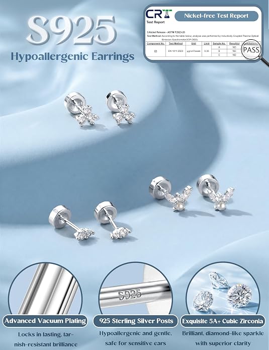 ORAZIO 925 Sterling Silver Flat Back Stud Earrings for Women Hypoallergenic 14K Gold Plated Cartilage Earrings for Sensitive Ears Small CZ Opal Conch Helix Tragus Piercing Jewelry 3 Pairs 20G