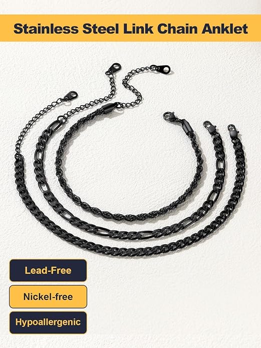 U7 2Pcs/3Pcs Ankle Bracelets for Women, Stainless Steel Cuban Link/Figaro/Rope/Heart Chain Anklets Sets,Waterproof Layered Anklets Adjustable 8.5"-10.5"