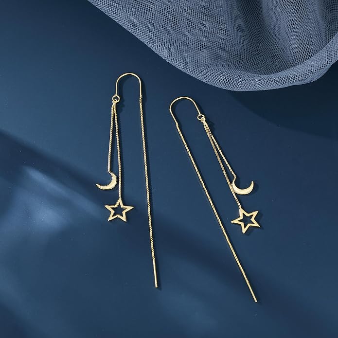 Reffeer Solid 925 Sterling Silver Moon Star Threader Dangle Earrings Chain for Women Teens Long Dangle Earrings Tassel Chain