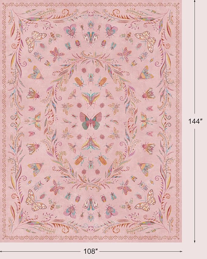 Lunasun Insect Pink Rug for Living Room - 9x12 Cute Rugs for Bedroom, Moth Floral Boho Design, Low Pile Stain Resistant Washable, Perfect for High Traffic Area