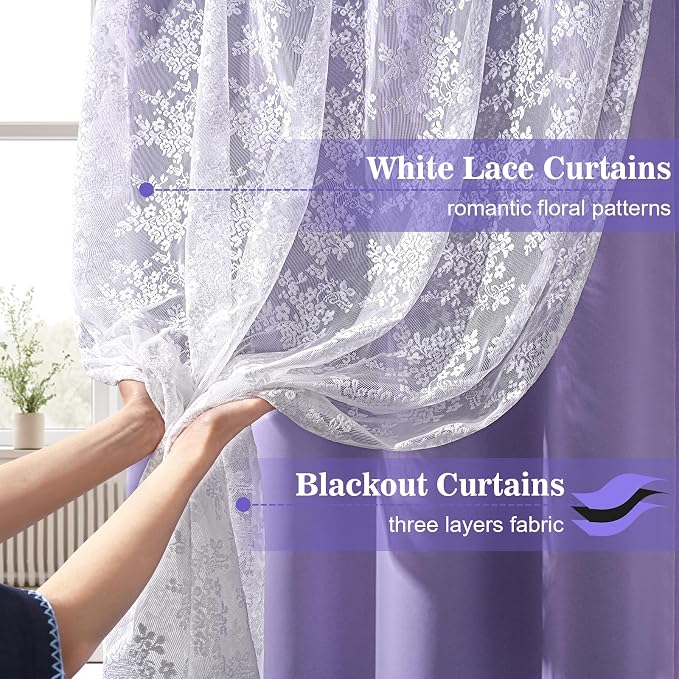 Yinhua Purple Curtains for Girls Room Double Layer Blackout Curtains for Bedroom 84 Inches Long Nursery Curtain for Living Room, Grommet Drapes with Tiebacks, 52" W x 84" L