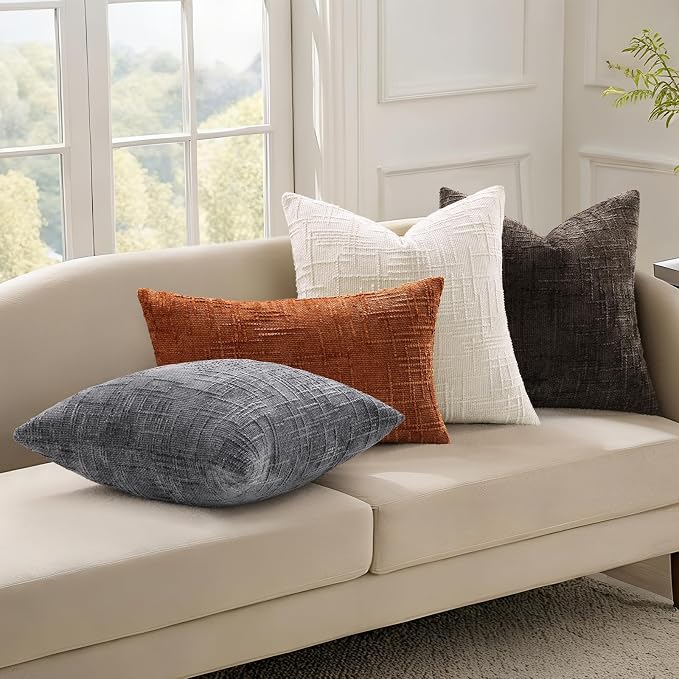 decorUhome Textured Chenille Throw Pillow Covers 12x20 Set of 2 Rust | Fall Modern Farmhouse Soft Cozy Slubby Couch Pillow Cases Boho Decorative Pillow Cases for Bed Sofa Living Room Home Decor