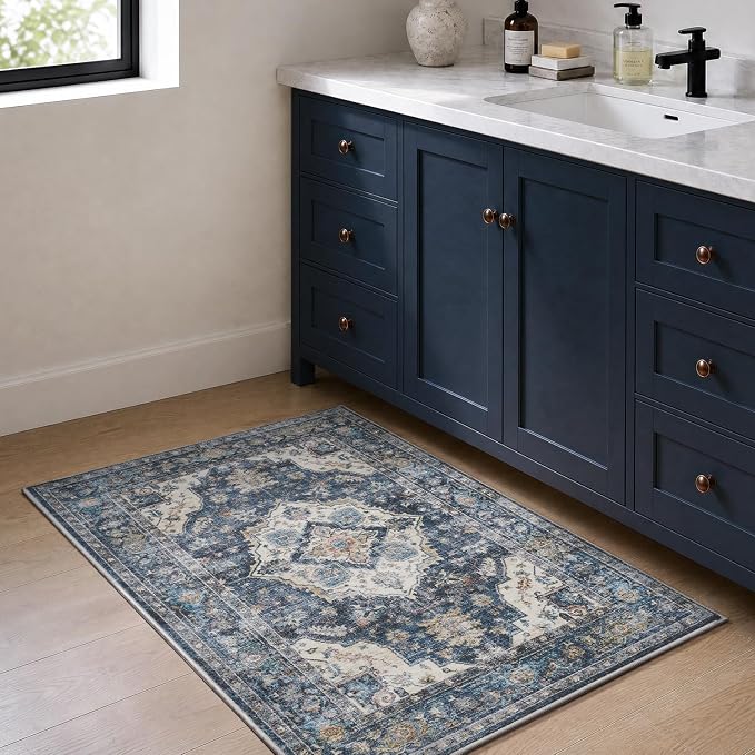 AMOAMI-2X3 Small Rug-Washable Rugs Entryway Mat Indoor-Soft Vintage Non Slip Rugs for Kitchen Laundry Room Bathroom Blue Decorative Accent Rug for in Front of Sink 24 Inch x36 Inch