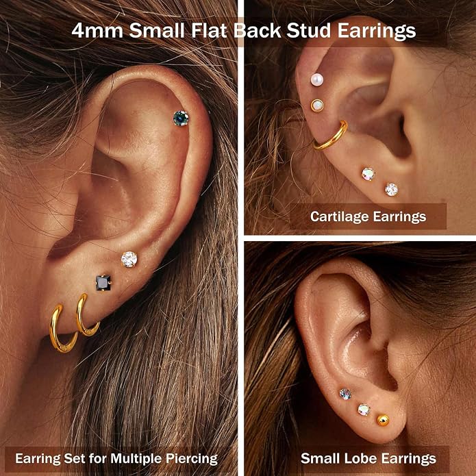 Jstyle Hypoallergenic Flat Back Stud Earrings for Women Men Surgical Stainless Steel Earrings for Sensitive Ears Small Stud Hoop Silver Gold Black Earrings Cartilage Earring Set for Multiple Piercing
