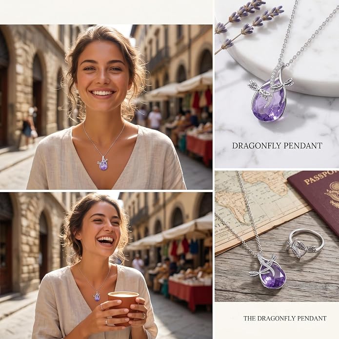 PRAYMOS S925 Sterling Silver Birthstone Necklaces for Women Dainty CZ Necklace Dragonfly Pendant Minimalist Jewelry Gift
