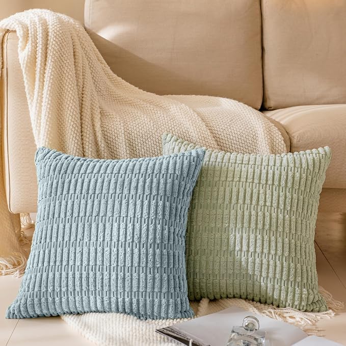 Softalker Throw Pillow Covers 18x18 Inch, Set of 4, Corduroy Soft Striped Farmhouse Boho Pillow Cover, Modern Decorative Cushion Pillow Case for Couch Sofa Bedroom Living Room, Light Blue