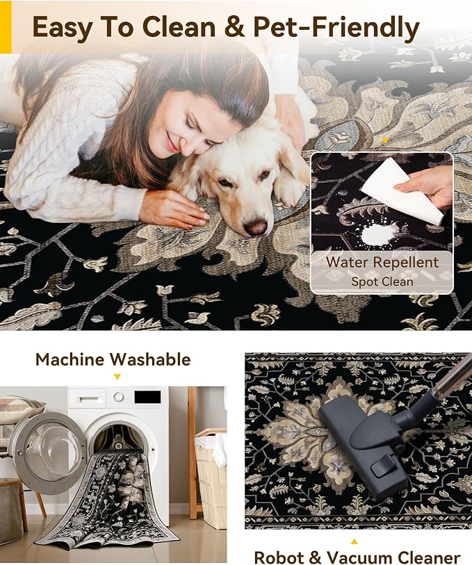 RELEANY Area Rugs Runner 3'x8' Washable Non-Slip, Floral Vintage Distress Medallion Carpet for Kitchen Hallway Bedroom Beside Laundry Room Bathroom, Black Brown Neutral Dark Tan