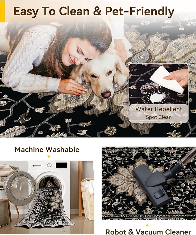 RELEANY Area Rugs Runner 2'x7' Washable Non-Slip, Floral Vintage Distress Medallion Carpet for Kitchen Hallway Bedroom Beside Laundry Room Bathroom, Black Brown Neutral Dark Tan