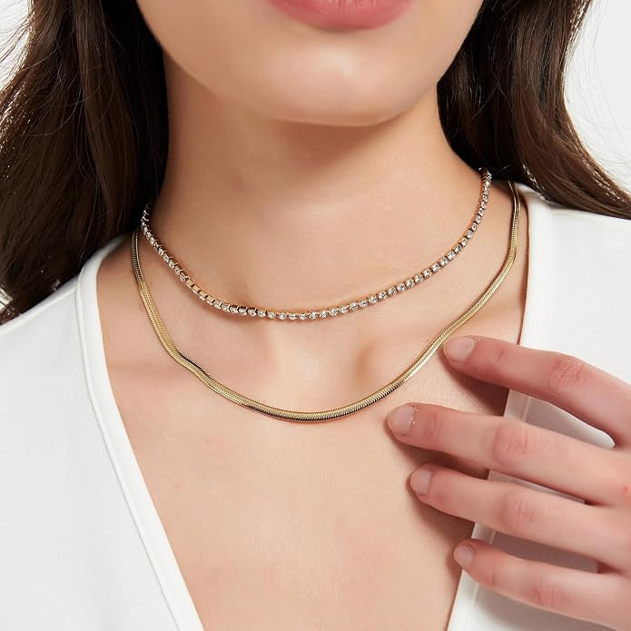 WomenGifts 14K Gold Silver Plated Herringbone Necklace for Women, Dainty Snake Chain Choker, Trendy Simple Long Layered Jewelry Non Tarnish, 3/4/5/8mm,14,16,18,20,22,24,26 Inch Thin & Chunky Options
