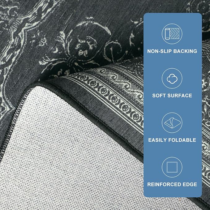 8x10 Large Area Rugs for Living Room, Black Low Pile Machine Washable Rug for Bedroom, Non-Slip Floral Print Durable Vintage Carpet for Dinning Room, Kitchen, Outdoor