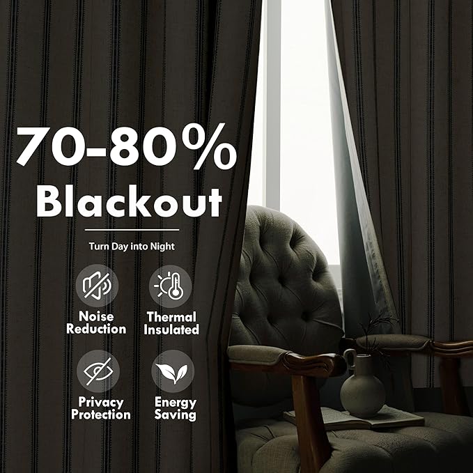 DriftAway Farmhouse Stripe Blackout Curtains, W52xL72, Navy | Blackout, Linen Texture, Stripe Pattern, Rod Pocket & Back Tab, Two Layers, Bedroom Living Room Use, Sound Reducing Design