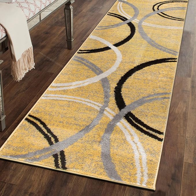 Rugshop Wavy Circles Fade-Resistant Living Room Runner Rug Yellow 2' x 7'2"