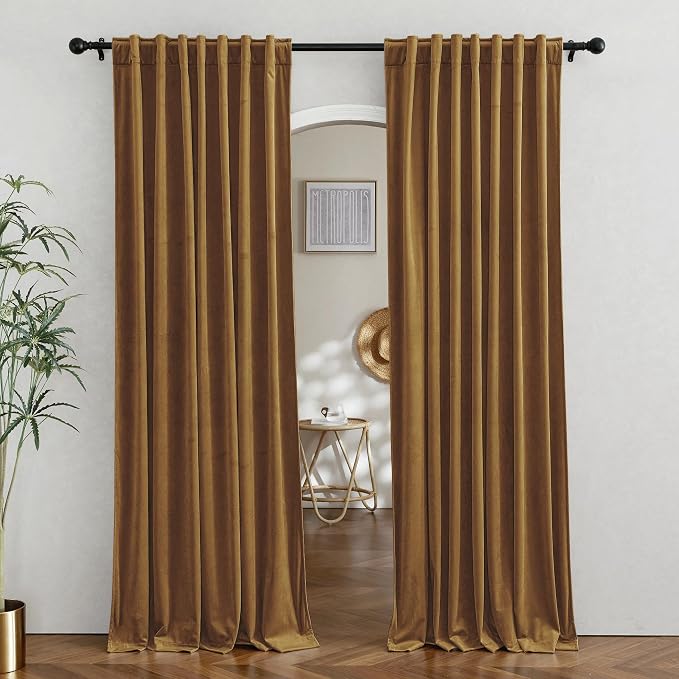 RYB HOME Gold Brown Velvet Curtains for Bedroom Living Room, Thermal Insulated Privacy UV Heat Blocking Luxurious Soft Rod Pocket Back Tab Drapes for Nursery, 42" W x 63" L, 2 Panels