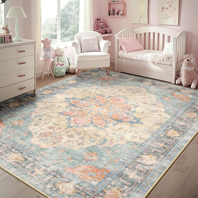RELEANY Area Rugs 5'x8' Washable Non-Slip, Floral Vintage Distress Medallion Carpet for Living Room Bedroom Dining Room, Blue Orange Red
