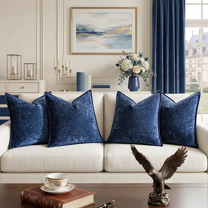 a moment Throw Pillow Covers 24X24 Inch 4 Packs,Soft Velvet Decorative Pillow Cases with 3D Ice Flower,Texture Modern Accent Cushion Covers for Sofa Couch Home Decor Navy Blue