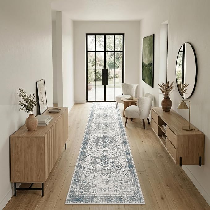 Rugxara 2x10 Washable Runner Rug, Non Slip Boho Runner Rugs for Hallway, Kitchen, Entrance, Bathroom, Laundry Room, Soft Ultra-Thin Entryway Carpet, Throw Low Pile Retro Imitation Carpet, Blue Grey