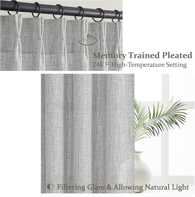 Light Gray Semi Sheer Viral 90 Inch Long Curtains for Bedroom, Memory Trained Pinch Pleated Privacy Light Filtering Sliding Glass Door Curtain 7-1/2 FT Length Grey Natural Linen Drapes 2 Panels Set