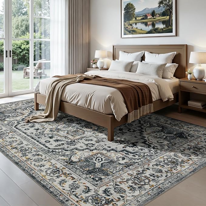 Joydeco 5x7 Area Rugs for Living Room, Non Slip Machine Washable Vintage Rug, Low Pile Thin Chenille Print Rugs for Bedroom, Dining Room, Pet & Child Friendly, Home Office, White&Light Gray&Dark Gray