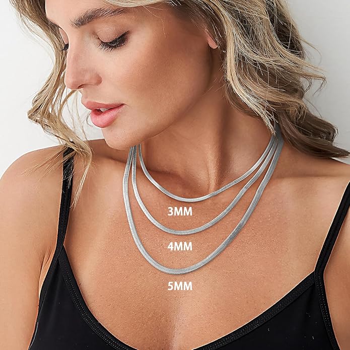 Jewlpire Silver/18K Gold Plated Herringbone Necklace for Women, 3mm 4mm 5mm Necklace for Women, Flat Snake Chain Necklaces, Fashion Women's Chain Necklaces 16 18 20 22 24 Inch