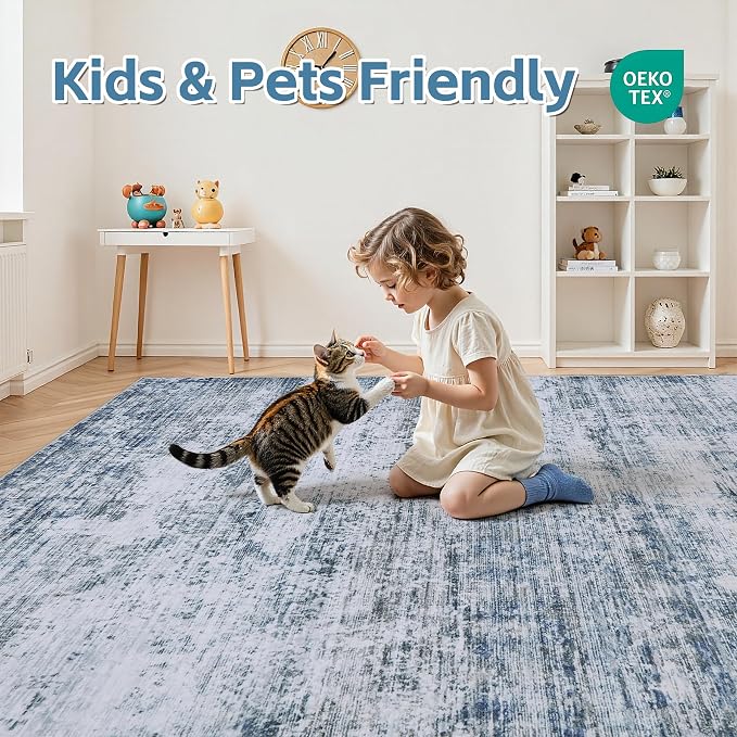 6x9 Area Rugs Living Room Rug Modern Abstract Neutral Washable Rugs Non Slip Soft Carpet Large Area Rug Low Pile Stain Resistant Non Shedding for Bedroom Nursery Dining Room Home Office Gray Blue