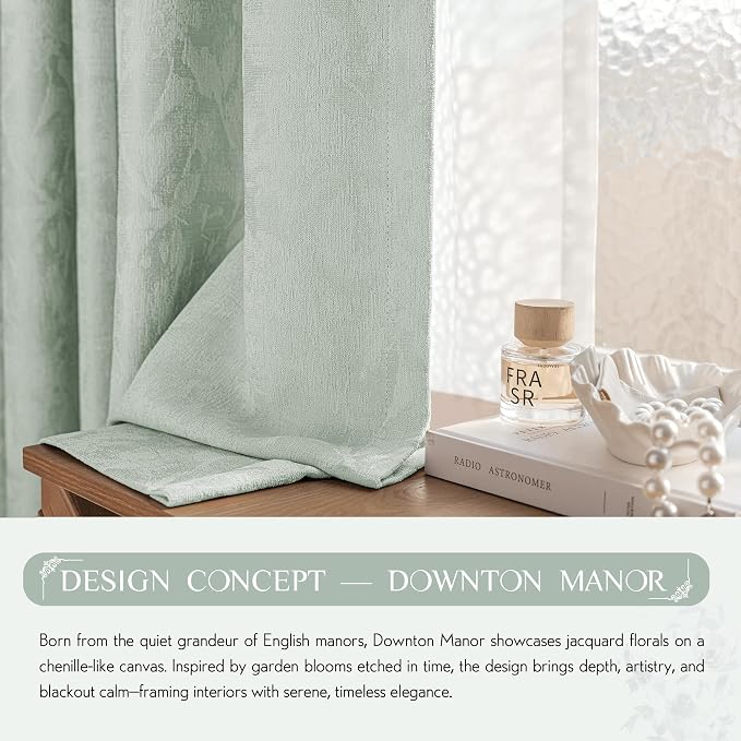 Beauoop Green Floral Jacquard Blackout Curtains for Bedroom 52x84 2 Panels | Flower Chenille Room Darkening Drapes for Living Room 84 Inch Long Thermal Insulated Soundproof Window treatment Rod Pocket