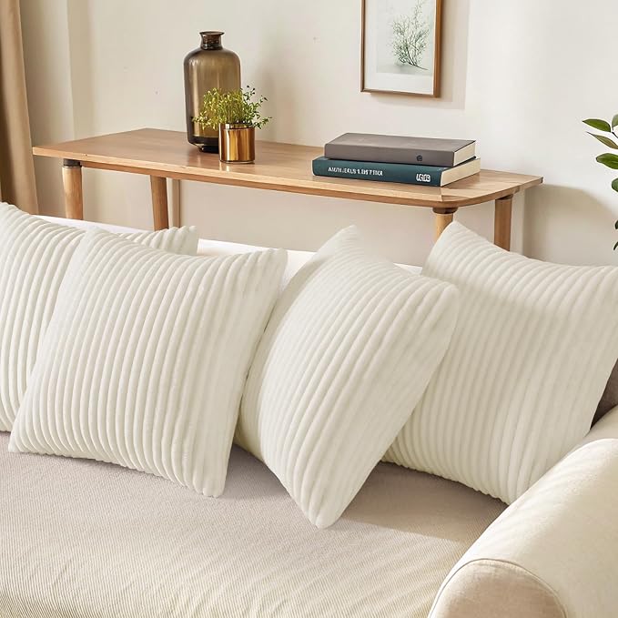 decorUhome Flannel Cream White Throw Pillow Covers 16X16 Set of 4 | Decorative Fall Soft Fluffy Striped Double-Sided Couch Pillow Covers, Modern Farmhouse Pillow Cases for Sofa bed Home Decor