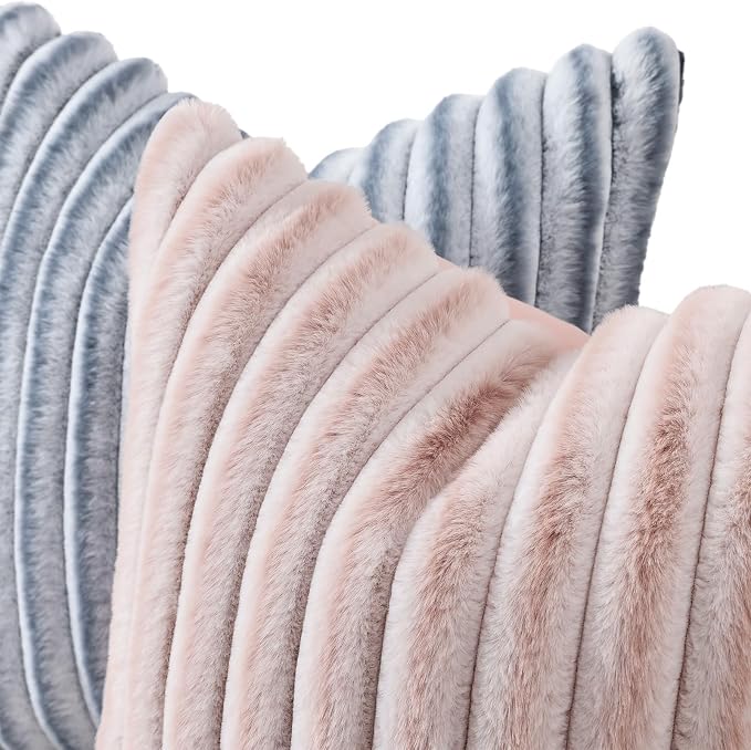 decorUhome Fall Faux Fur Throw Pillow Covers 20x20 Set of 2 Pink White | Decorative Soft Cozy Striped Plush Modern Farmhouse Boho Couch Pillow Cases Velvet Back for Sofa Bed Living Room Home Decor