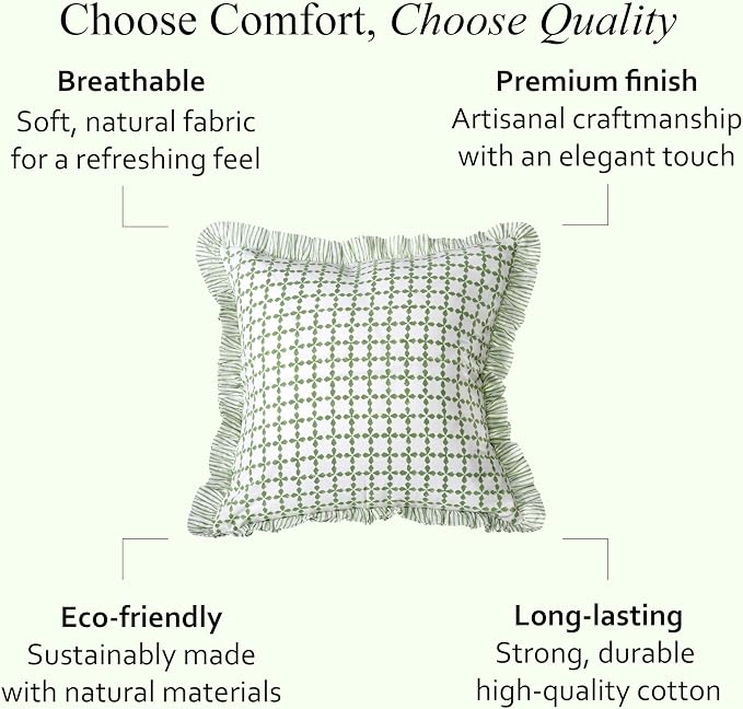 CPC Kelly Green Hand Block Print 100% Cotton Ruffle Throw Pillow Cover 24x24 inch with Hidden Zipper Decorative for Couch, Bed, Sofa, Farmhouse, Cottagecore Decor Gift Christmas Fall Thanksgiving