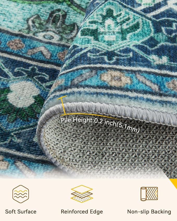 RELEANY Area Rugs Round 5ft Washable Non-Slip, Floral Vintage Distress Medallion Carpet for Living Room Bedroom Dining Room, Teal Green Lake Blue Turquoise
