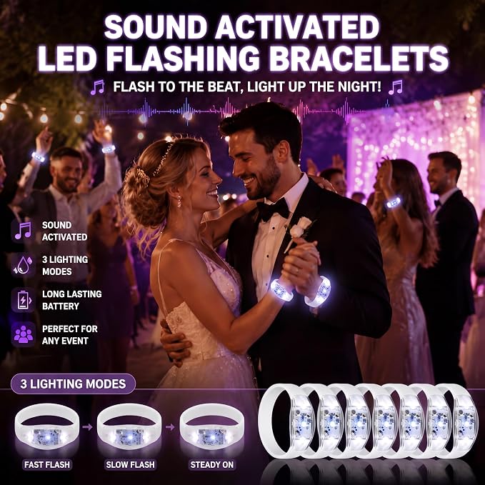 JellyArch 100 Pcs White LED Glow Bracelets, Sound Activated LED Bracelets for Wedding Reception Party Favors, Bridal Shower, Bachelorette Party, Rave, Concert, Birthday and Night Events