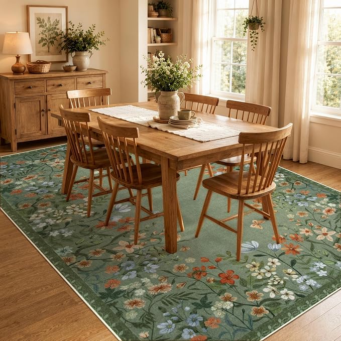 Wonnitar 8x10 Washable Area Rug, Green Floral Rug for Living Room, Boho Botanical Large Carpet for Bedroom, Non Slip Soft Nursery Rug, Cottagecore Dining Room Decor (8x10 Green)