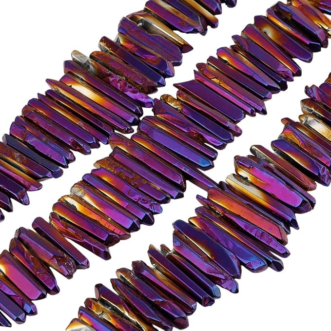 TUMBEELLUWA Rock Quartz Crystal Points Loose Beads for Jewelry Making, Titanium Coated Polished/Raw Quartz Beads 15 Inches Top Drilled,Dark Purple Crystal Points(0.5"-1.6")