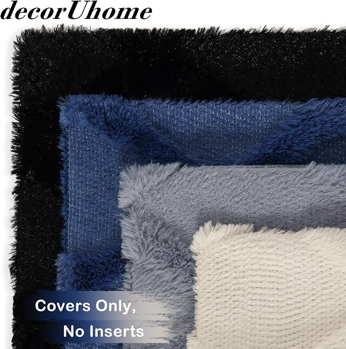 decorUhome Set of 4 Faux Fur Throw Pillow Covers 18x18(Blue/Grey) | Neutral Decorative Soft Plush Couch Pillow Covers, Farmhouse Pillow Cases for Living Room Bed Sofa