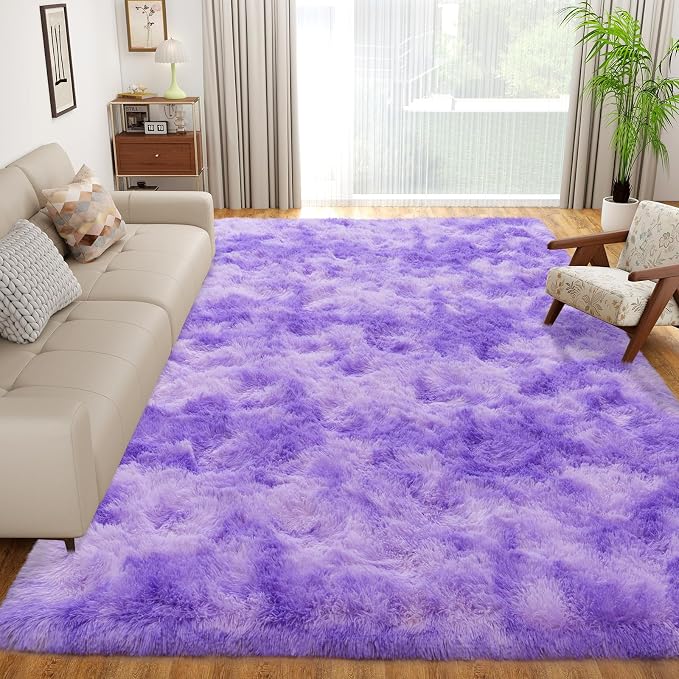 Dssimo 5x7 Area Rugs for Living Room, Purple Tie-Dyed Plush Fluffy Carpet | Upgrade Non-Slip Thick Large Plush Shag Rugs for Nursery Kids Room Dorm Room Home Decor, Indoor Plush Floor Carpet