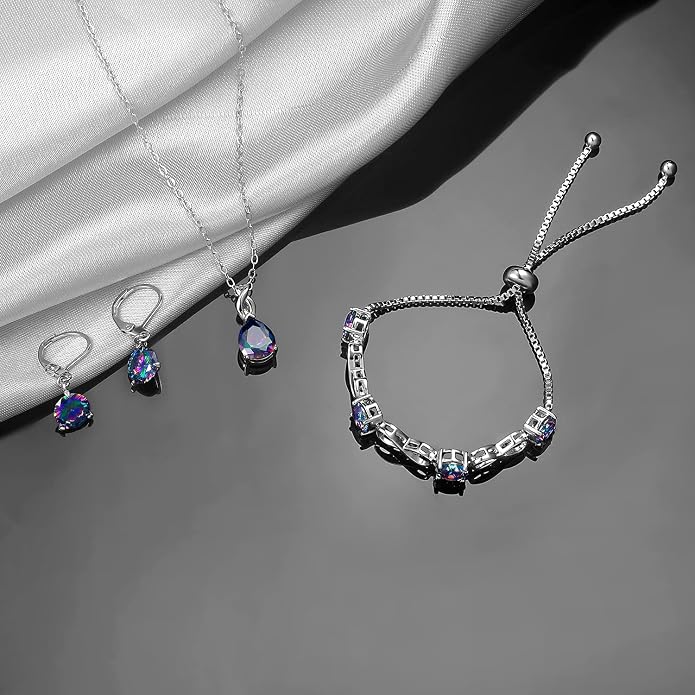 VOLUKA Created Opal/Amethyst/Mystic Topaz Pendant Necklace for Women,18K White/Rose Gold Plated Chain Wedding Engagement Jewelry Gift