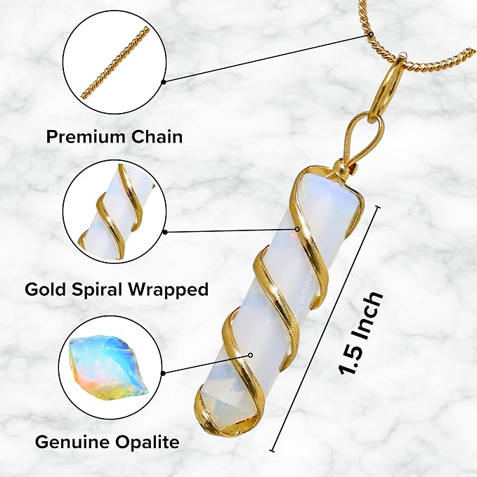 Amazing Gemstone Opalite Crystal Necklace Pendant For Women, Gold Wire Wrapped Dainty Minimalist Healing Crystal Necklaces For Men Unisex Necklace Jewelry Adjustable Chain & Leather Cord