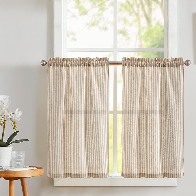 Vangao Taupe Stripe Linen Tiers Curtains 24 Inch Farmhouse 2 Panels | Light Filtering, Semi Sheer, for Kitchen, Living room, Tickingstripe Drapes, Pinstripe, Window Treatments