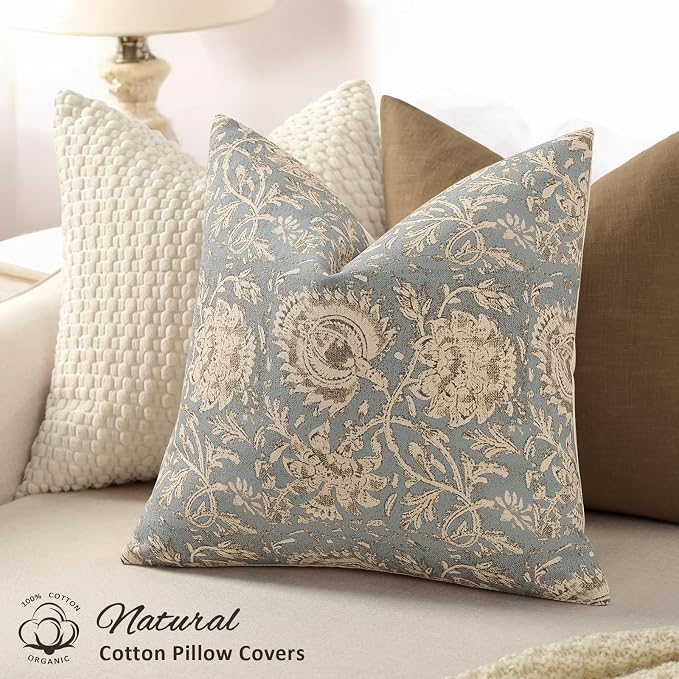 Vintage Floral Print Throw Pillow Covers 20x20 Set of 2 Neutral Modern Farmhouse Pillowcases Accent Decorative Cushion Covers Boho Home Decor for Couch Sofa Chair Bed Living Room, Sky Blue