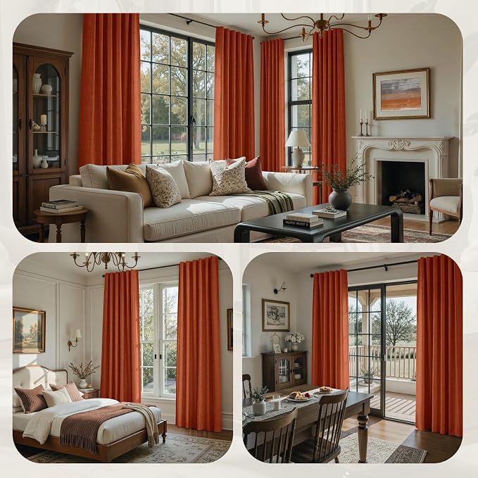 HOMEIDEAS 100% Blackout Faux Linen Curtains,Burnt Orange Modern Farmhouse Luxury Curtains 96 Inches Long 2 Panels, Rod Pocket & Back Tab for Boho Vintage Living Room,Bedroom Decor