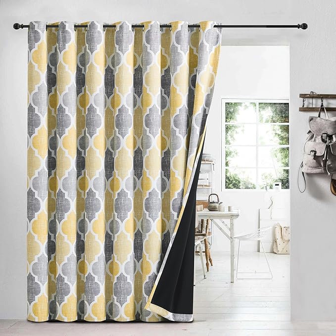 Beauoop Moroccan 100% Blackout Sliding Door Curtains Yellow Grey 100x84x1 | Geometric Room Darkening Patio Curtains Extra Wide Room Divider Drapes 1 Panel Thermal Soundproof Window treatment Grommet