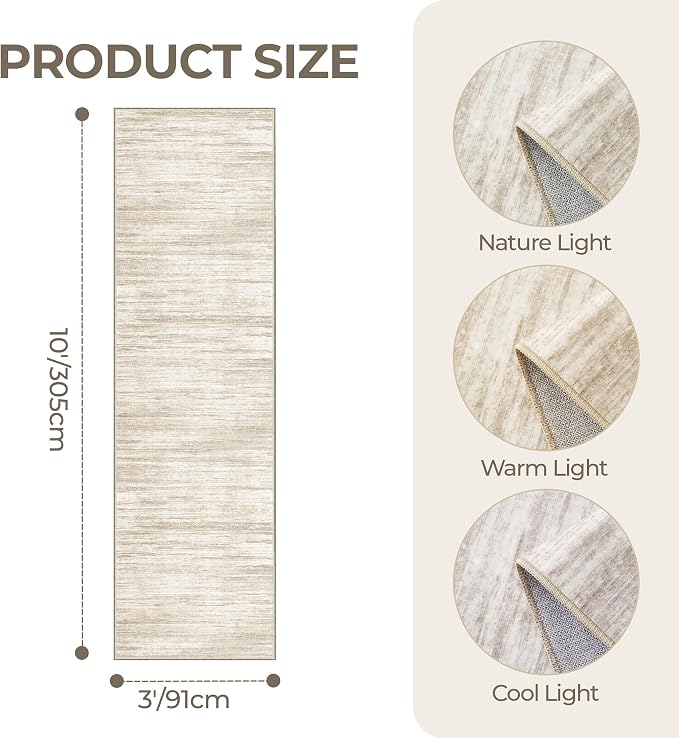 3x10 Runner Rug Non Slip,Washable Hallway Runner Rug,Brown | Long Neutral Rugs for Kitchen,Entryway,Bedroom,Bathroom,Laundry Room,Thin,Soft Runner Rug,Stain Resistant Indoor Carpet